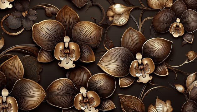 seamless pattern of dark brown orchids with metallic accents creating an elegant and luxurious floral background