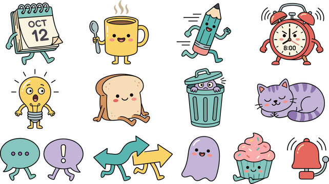 Cute Cartoon Character Set with Calendar Coffee Mug Pencil Alarm Clock Bread Trash Can and Sleeping Cat Illustration