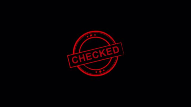 Checked Stamp Animation on transparent background. checked rubber stamp mark with red ink on black Background with alpha channel in 4k.