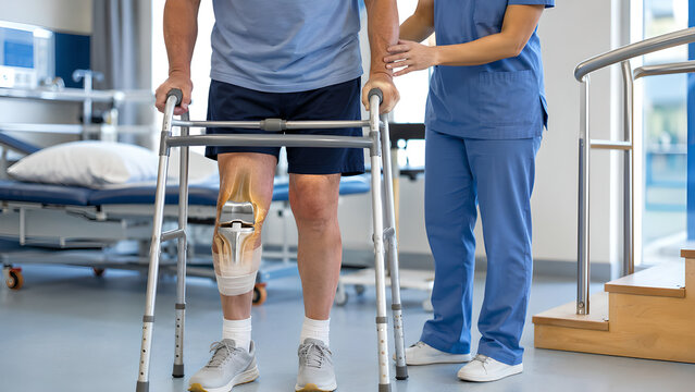 Total knee replacement postoperative arthroplasty with clinician examining implanted knee joint in a photorealistic medical procedure scene for orthopedic education and patient care communication