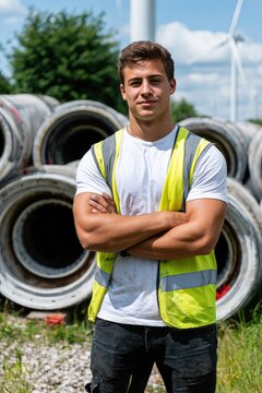 Confident Young Worker in Safety Gear Against Industrial Backdrop