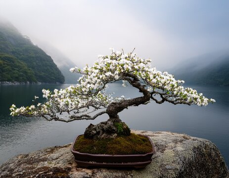 serene zen bonsai tree with white blossoms on a rocky island in a misty mountain landscape