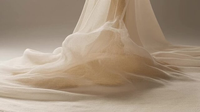 Flowing beige fabric on floor.