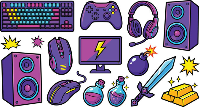 Gaming Elements Set with Keyboard Controller Headphones Speaker Mouse Potion Sword Vector Illustration Neon Purple Esports Style Design
