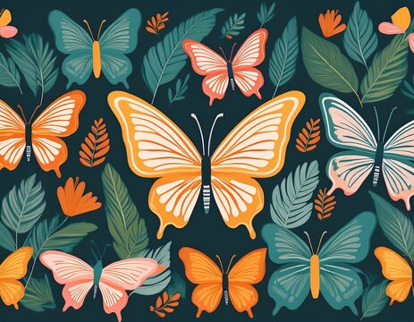 flat floral pattern with colorful butterflies and botanical leaves
