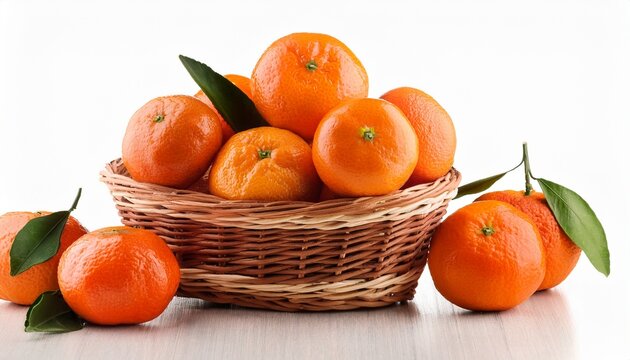Organic Ripe Mandarins In Basket On White Background