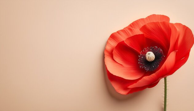 Single Red Poppy Flower Isolated On Soft Beige Background Layout With Copy Space