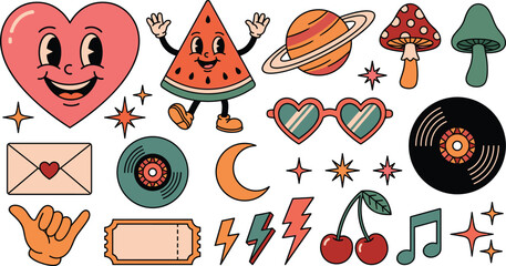 Retro Groovy Sticker Set with Heart Watermelon Saturn Mushroom Sunglasses Vinyl Record Cherry Vector Illustration Vintage 70s Style Design © MdRezaul