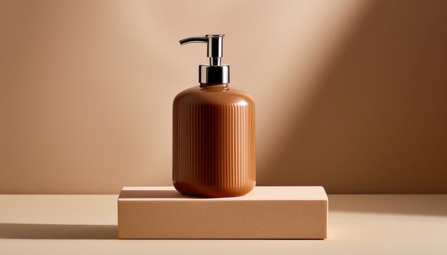 Minimalist Brown Soap Dispenser On A Beige Block Against A Neutral Background