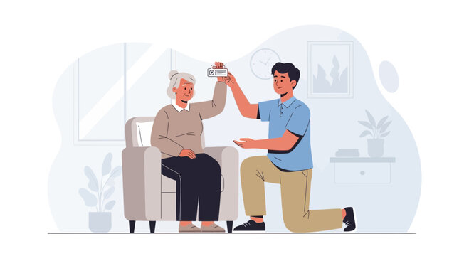 Grandson Giving New Phone to Elderly Grandmother Illustration