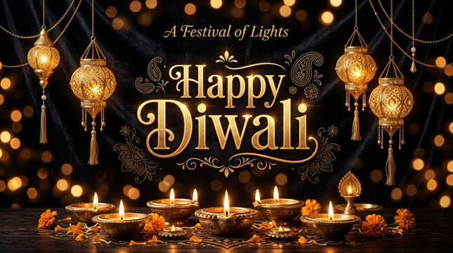 Happy diwali golden lanterns and traditional diyas for a festive celebration