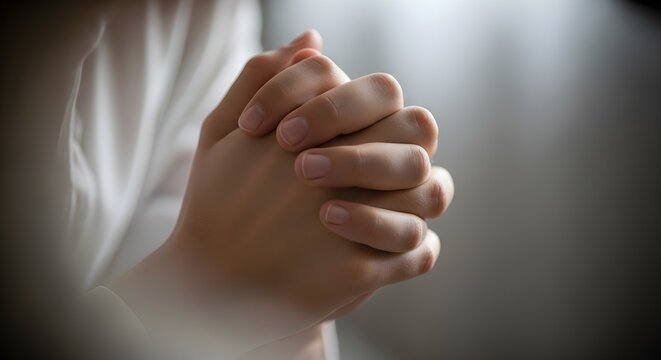 Detailed close-up of two human hands intertwined in a reverent gesture, symbolizing prayer, introspection, or hopeful contemplation, illuminated by soft, ambient light
