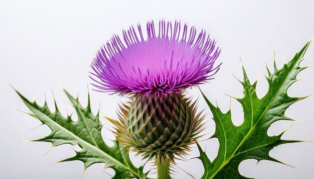 Macro Shot Of A Single Milk Thistle Plant On White Background With Purple Bloom And Spiny Leaves