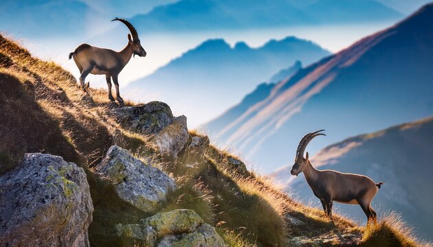 Wild Ibex On Steep Mountain Ledge With Bright Daylight