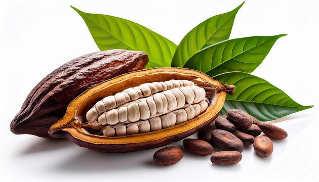 Cacao Pods With Leaves And Beans On A White Background Cocoa Chocolate