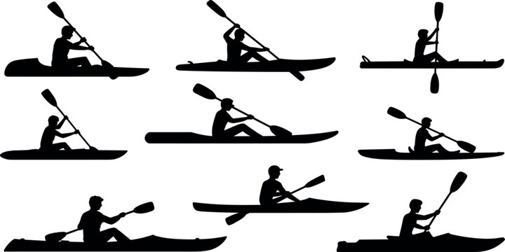Kayaking vector set elegant man paddling kayak canoe silhouette illustrations for outdoor sports adventure design