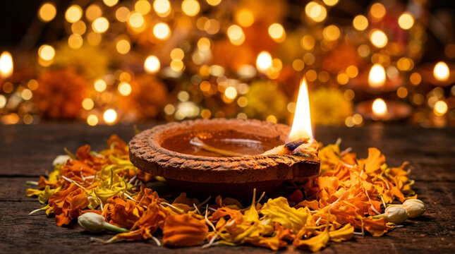 Diwali celebration illuminated clay lamp with marigold flowers for festive lighting