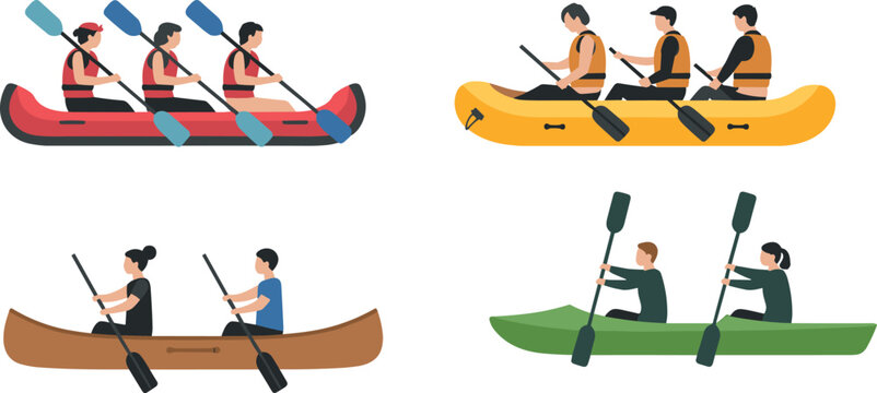 Rafting and kayaking vector set colorful people paddling canoe flat design illustration for outdoor  adventure