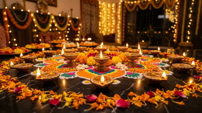 Spectacular diwali decorations illuminated diyas and vibrant rangoli for festive celebrations