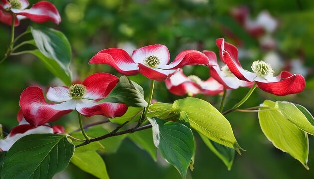 Blooming Red Dogwood Cornus Sanguinea With White Flowers Against Background Of Fresh Green Leaves
