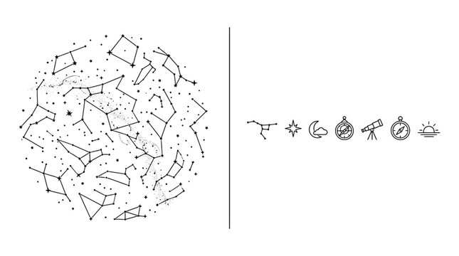 Celestial Constellations Map and Astronomy Icons Set