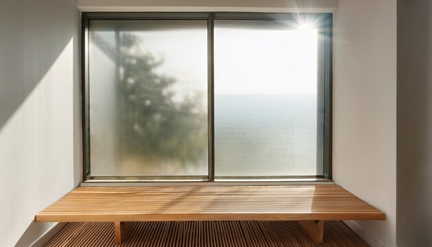 Minimalist Wooden Bench Facing Frosted Glass Window With Natural Light