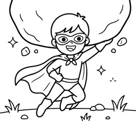 Strong cartoon superhero boy lifting a large heavy boulder coloring page illustration with superhero © Abul