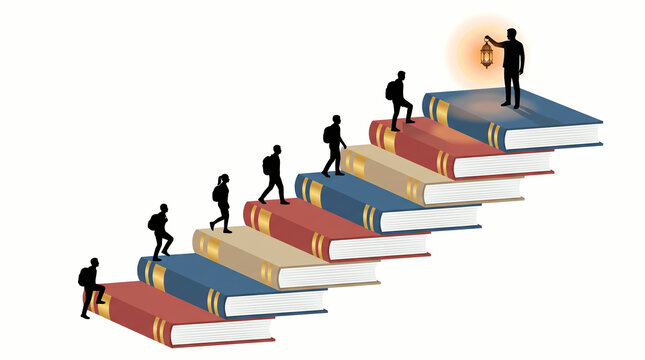 Business success concept, climbing book stairs to success