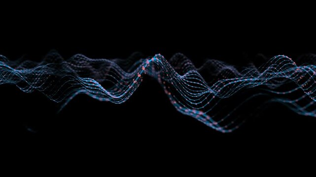 Abstract background with digital data in wave blue net triangles with orange dots on dark defocus. Concept dynamic waves in cyber quantum continuum. For technology, science and data visualization. 