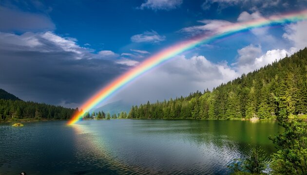 Rainbow Over A Peaceful Lake Surrounded By Green Trees