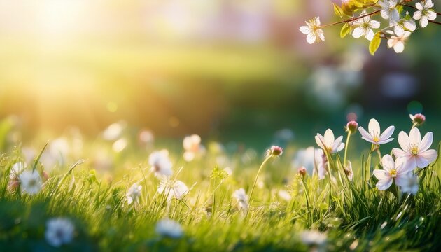Spring Meadow With Flowers Blossom And Sunshine Blurred Background With Copy Space