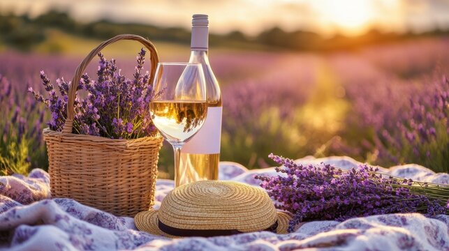 Lavender Picnic With White Wine Basket Straw Hat And Sunset Summer Landscape