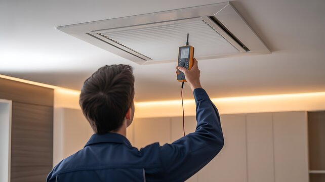 Technician inspecting a ceiling air vent using a handheld diagnostic meter in a modern residential interior