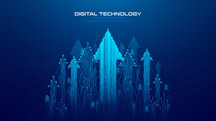 Futuristic arrows form digital flow. Blue glowing arrows and digital elements forming technology stream or connection concept and symbolizing business growth or success. Vector illustration.