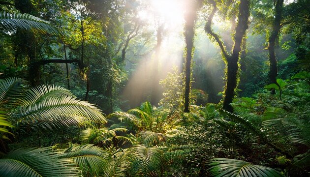 Lush Rainforest Scene Sunbeams Illuminate Vibrant Tropical Foliage Creating A Serene And Mystical Atmosphere