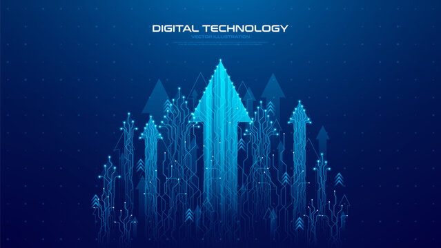 Futuristic arrows form digital flow. Blue glowing arrows and digital elements forming technology stream or connection concept and symbolizing business growth or success. Vector illustration.