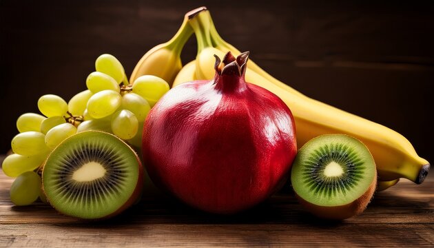 Fresh Assorted Fruits With Pomegranate Banana Grapes And Kiwi On Wooden Surface