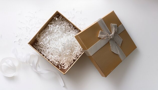 A Creative Flat Lay From Above An Open Gift Box With Shredded White Paper Filling Is On A White Background