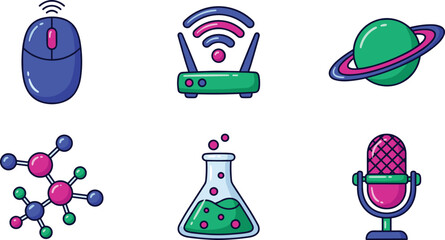 Technology Science Icon Set with Wireless Mouse Router Planet Saturn Molecule Flask and Microphone Vector Illustration Collection © MdRezaul