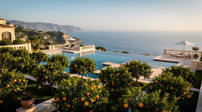 Luxurious villa with infinity pool overlooking the Mediterranean sea and orange trees.