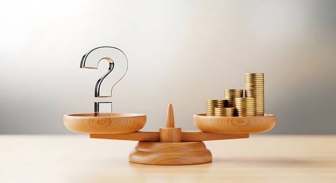 Symbolic wooden scales balancing a question mark against stacks of gold coins, representing financial uncertainty