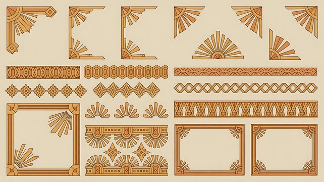 Vintage Geometric Ornament Collection A comprehensive set of golden art deco inspired geometric ornament elements, including corner designs, dividers, and decorative frames. 
