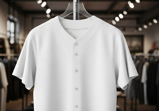 White blank baseball jersey on hanger in retail boutique