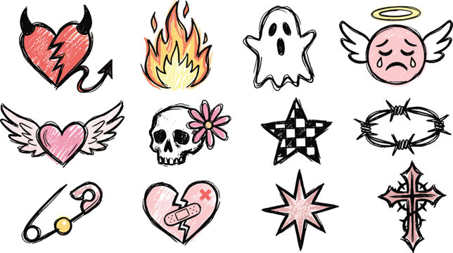 Hand Drawn Tattoo Flash Sticker Set with Devil Heart Flame Ghost Skull Star Barbed Wire and Cross Illustration