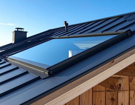 Modern house roof with skylight window and standing seam metal roofing