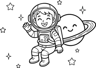 Cute cartoon astronaut child waving next to saturn planet coloring page outline with astronaut, coloring © Abul