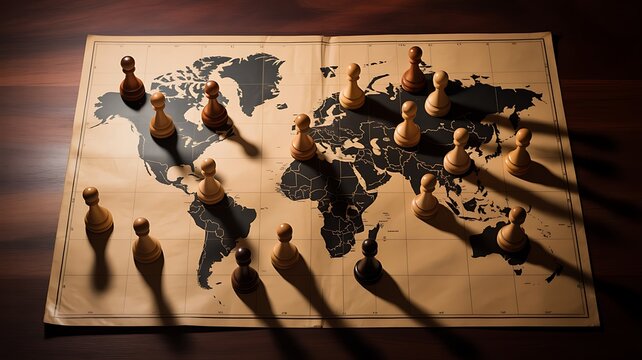 Wooden pawns on a world map symbolize geopolitical strategy, economic control, sanction pressure, and political power among nations. 