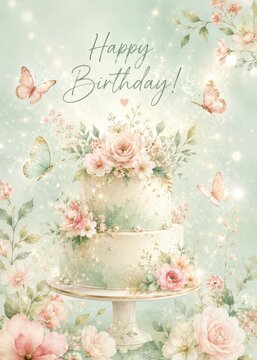 Elegant Floral Birthday Cake With Butterflies Pastel Blossoms and Romantic Decorations