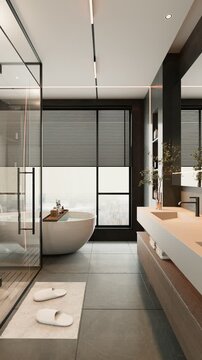 Modern bathroom interior with freestanding tub and sleek vanity design