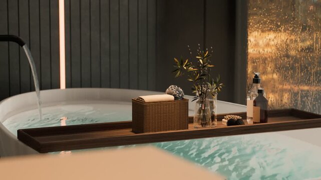 Modern bathroom with bathtub filling and wooden tray with spa accessories